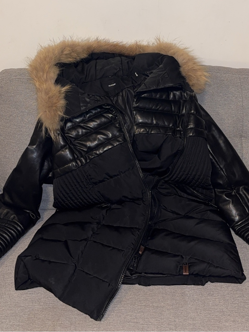 Rudsak Women’s Black  Puffer Coat with Quilted Leather Sleeves Raccoon Fur